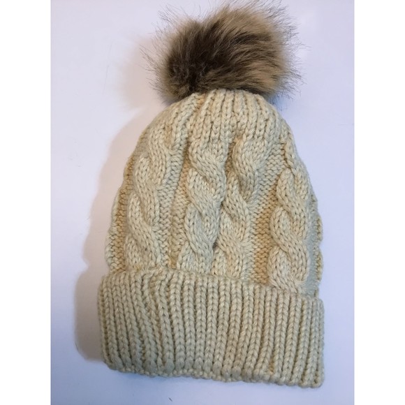 White Leopard Beanie Khaki Colored With Brown Fur Fluff On Top - Picture 2 of 4